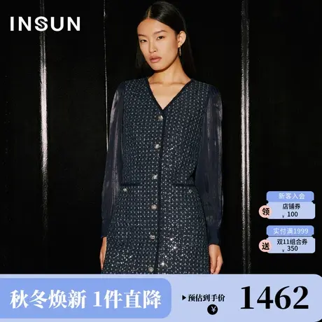 恩裳COVER2023冬装新款减龄烧花珠片拼接流光袖子立裁牛仔连衣裙图片