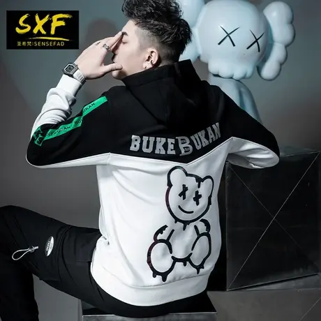 SXF圣希梵男士卫衣2021新款 小熊情侣秋装炫彩印花帽衫潮流上衣男图片