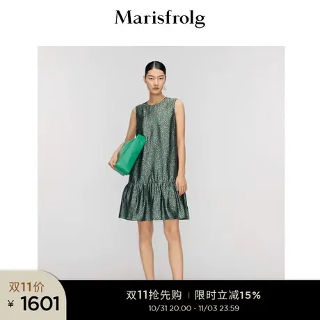 玛丝菲尔22夏季新款气质墨绿色荷叶边波点无袖光泽感醋酸连衣裙女图片