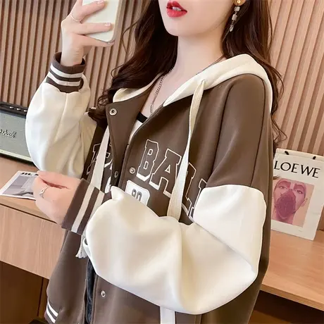 撞色棒球服外套女2023新款秋冬韩版宽松加绒加厚百搭夹克开衫卫衣图片