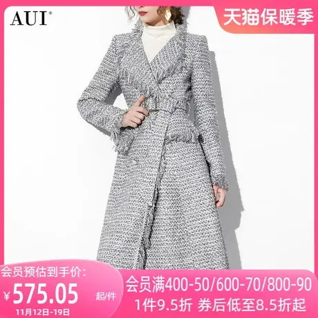 AUI欧美风灰色中长款毛呢外套女2023冬新款御姐气质修身呢子大衣图片