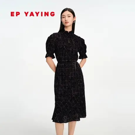EP雅莹女装 意大利进口礼服小黑裙植绒国风连衣裙 商场同款4603A图片