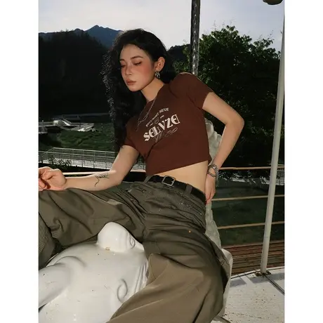 YEP美式复古辣妹风短袖t恤女夏季2023新款字母印花紧身短款上衣潮商品大图