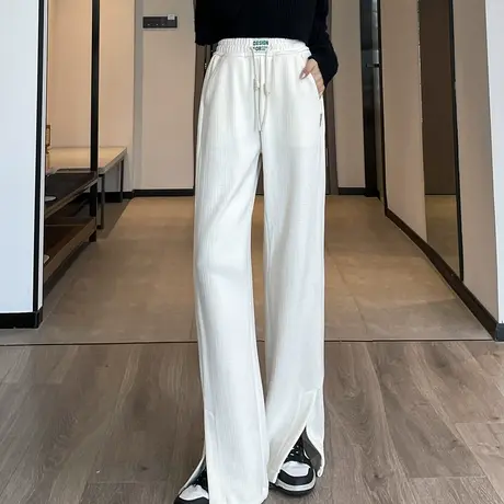 唐狮休闲长裤女士秋冬显瘦藏肉运动裤拖地裤垂感加厚白色阔腿裤子商品大图