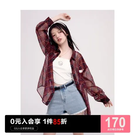 乐町休闲宽松衬衫2023夏季新款红格纹轻薄透气防晒外套空调罩衫图片