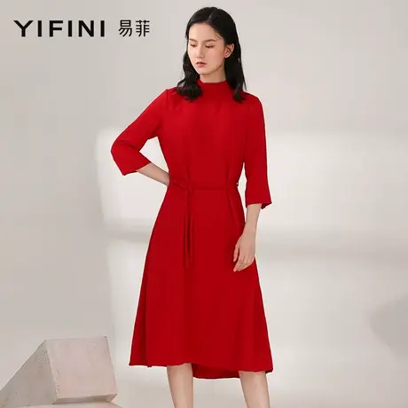 Yifini/易菲宽松中袖连衣裙女收腰显瘦A字裙春秋季新款小黑裙子图片