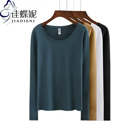 春秋季新款韩版圆领修身长袖纯棉纯色简约T恤打底衫休闲女装图片