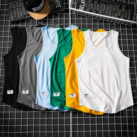 夏季男士背心潮牌bf风纯色工字圆领白黑色T恤情侣健身篮球打底衫图片