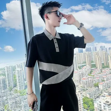 夏季薄款潮男撞色拼接设计感短袖polo衫2023新款小众百搭时尚半袖商品大图