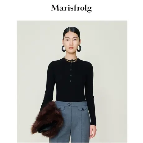 【商场同款】玛丝菲尔毛衣21冬季新款黑色经典款型纯羊毛开衫商品大图