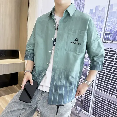 夏季休闲免烫衬衫男修身七分袖短袖五分袖高级感男士商务中袖衬衣商品大图