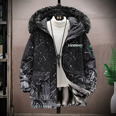 外套男冬季加绒加厚潮牌潮流休闲夹克男连帽冲锋衣保暖青少年棉服商品大图