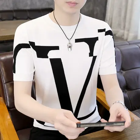 夏季冰丝针织t恤男士短袖潮牌欧美风半截袖百搭圆领休闲舒适上衣商品大图