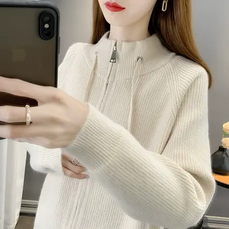 立领拉链针织开衫女2023春装新款韩版抽绳纯色休闲毛衣长袖外套女商品大图