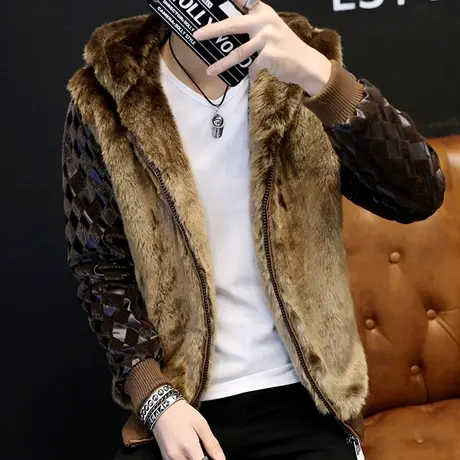 男士个性潮牌仿皮草外套大学生情侣宽松连帽冬装ins皮毛一体夹克图片