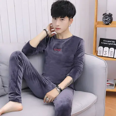 冬季男士保暖内衣金丝绒套装加厚加绒青年学生秋衣秋裤打底棉毛衫商品大图