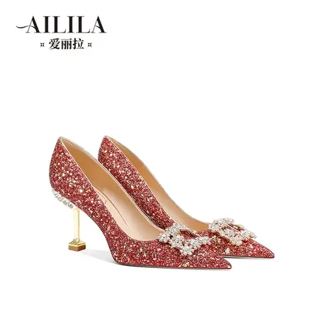爱丽拉红色秀禾订婚鞋女2024新款春季中式新娘高跟鞋不累脚高级感图片