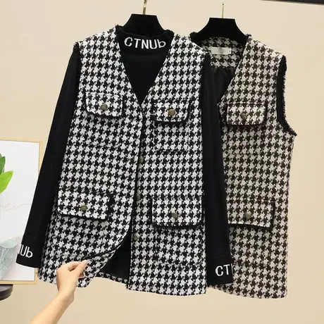 千鸟格背心网红马夹潮流外穿女秋冬韩版坎肩毛呢小香风马甲外套潮商品大图