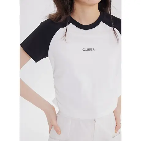 尔给收腰显瘦小个子短款短袖上衣女夏修身美式复古撞色插肩袖t恤商品大图