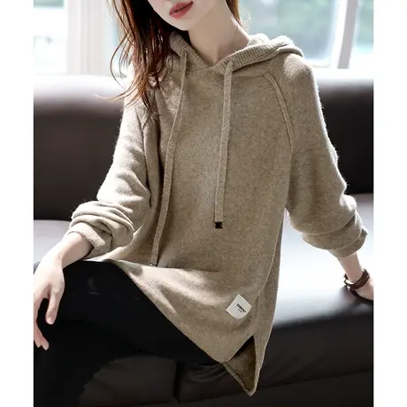 宝诗黎连帽抽绳宽松慵懒毛衣女春季新款针织卫衣2024时尚长袖上衣商品大图