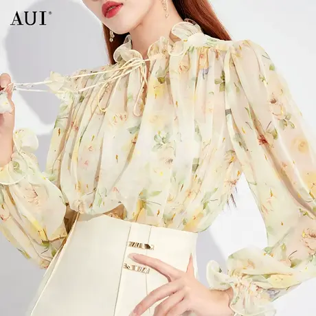 AUI黄色小碎花雪纺衫女2023夏新款荷叶领灯笼袖上衣职业气质衬衫图片