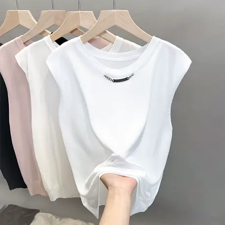 圆领落肩冰丝针织衫2023春夏秋新款打底衫外穿上衣无袖薄T恤衫潮图片