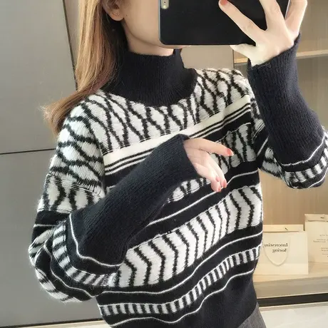 半高领毛衣女打底衫秋冬宽松加厚针织衫洋气外穿短款上衣复古套头商品大图