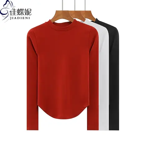 春秋新款韩版半高领纯色下摆圆弧纯欲修身纯棉长袖体恤上衣内搭女商品大图
