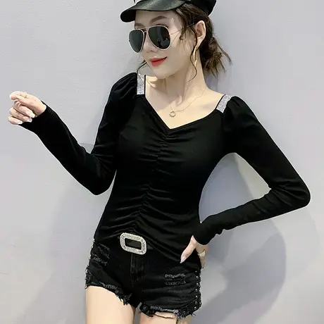 2024春秋新款性感V领T恤女设计感泡泡袖上衣洋气修身打底衫女长袖商品大图