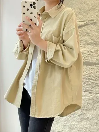 韩版宽松衬衫女春秋季简约大气复古纯色慵懒翻领长袖开衫上衣外套商品大图