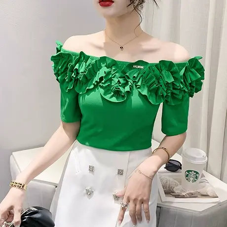 性感一字领短袖T恤女装ins设计感木耳边上衣紧身百搭小衫露肩体恤图片