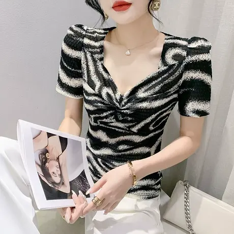 时尚印花V领T恤女短袖欧货修身性感网纱上衣洋气百搭泡泡袖小衫夏商品大图