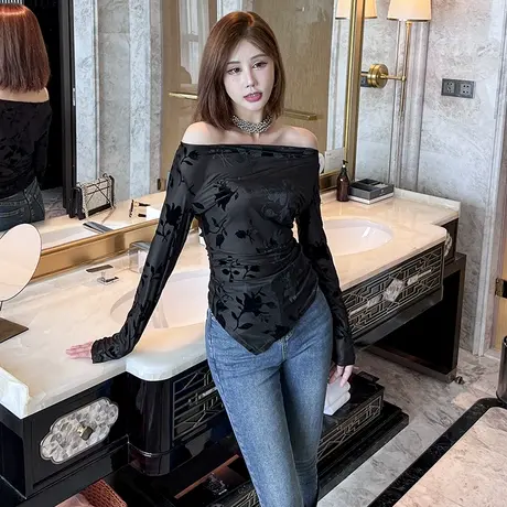 印花一字肩内搭打底衫秋季气质显瘦开叉网纱上衣修身褶皱T恤薄款商品大图