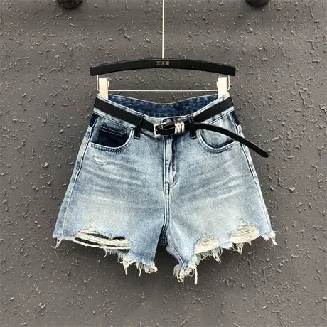 2023夏季新款毛边阔腿牛仔短裤复古休闲高腰撞色辣妹a字热裤女潮图片