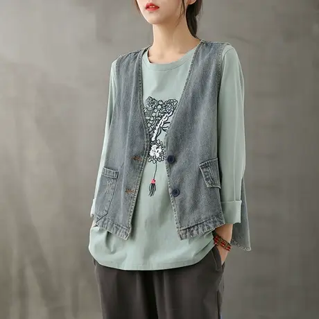 dza复古牛仔马甲女士宽松韩版无袖短款外套2022秋季新款显瘦马夹图片