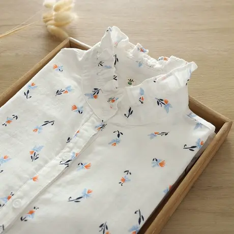 秋装日系文艺小清新碎花双层纱纯棉立领长袖白衬衫女宽松打底上衣图片