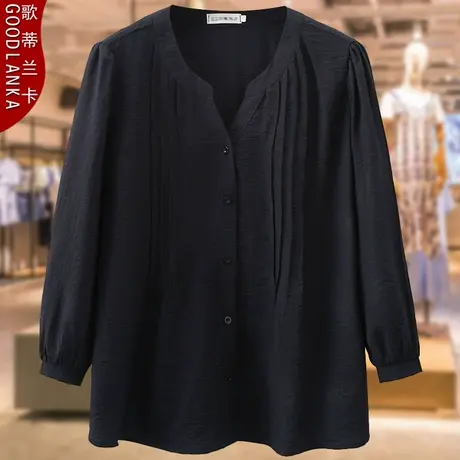 加肥加大码中年妈妈秋装九分袖上衣200斤宽松遮肚时尚V领女士衬衫商品大图