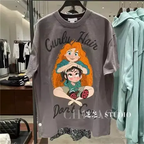 短袖t恤女2021夏季新款韩版ins潮美式宽松破坏王个性卡通百搭上衣商品大图