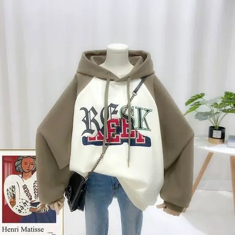 2022春秋韩版宽松拼接色连帽字母卫衣女薄款外套洋气百搭减龄上衣商品大图
