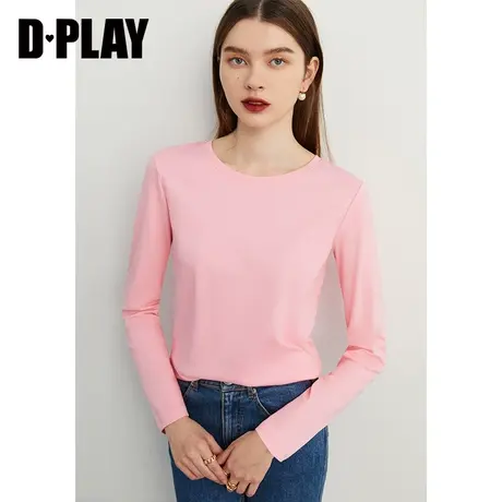 D-PLAY慵懒风时尚白圆领长袖宽松打底衫T恤图片