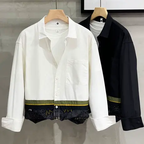 休闲衬衣男春秋款潮ins痞帅设计感男装轻奢纯棉拼接男士衬衫长袖商品大图