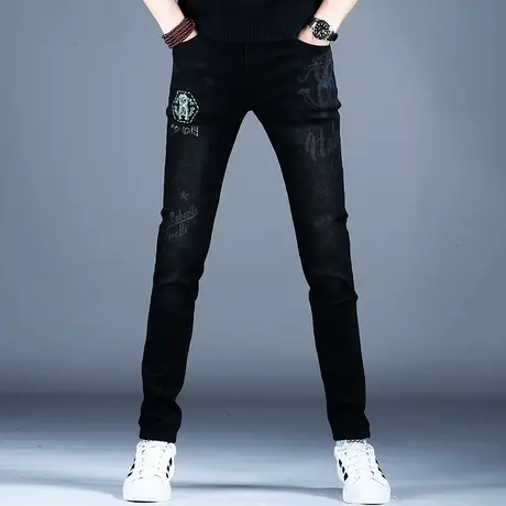 秋冬新款印花黑色牛仔裤男款小脚修身潮流裤子男弹力百搭美式高街商品大图
