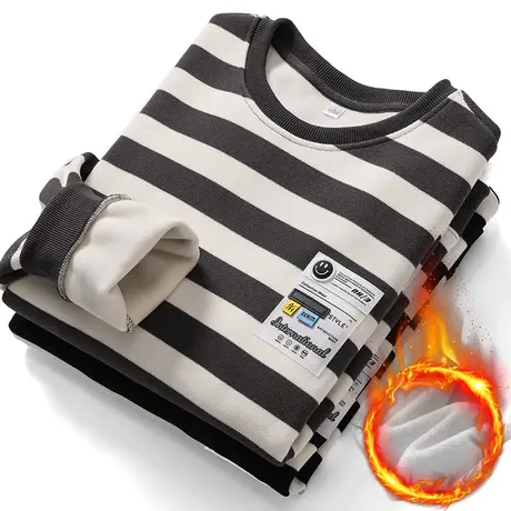 秋冬款男生潮牌撞色加绒保温圆领卫衣冬季内搭加厚长袖打底衫上衣商品大图