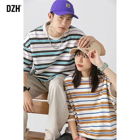 情侣美式条纹t恤男短袖重磅情侣装夏装高级感2023新款圆领打底衫商品大图