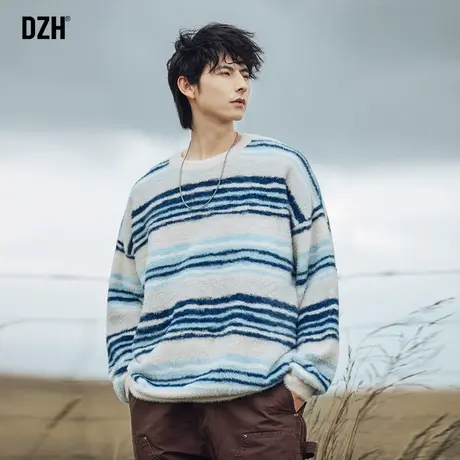 男士仿貂毛条纹毛衣男秋冬高级感2024新款慵懒针织衫外套宽松上衣图片