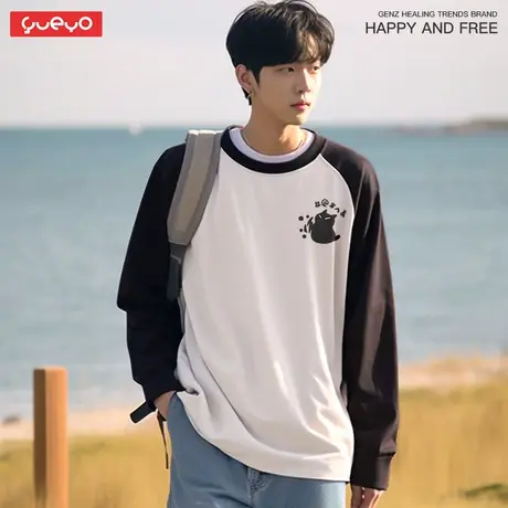 悦游 快跑抓挠黑猫 秋冬重磅纯棉拼色长袖T恤纯棉宽松男原创商品大图