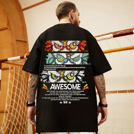 国粹醒狮街头休闲国潮印花宽松大码无性别ins男女同款短袖情侣T恤图片