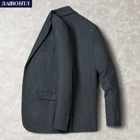 灰色条纹西装外套新款英伦时尚修身休闲秋冬季呢子小西服男士上衣商品大图