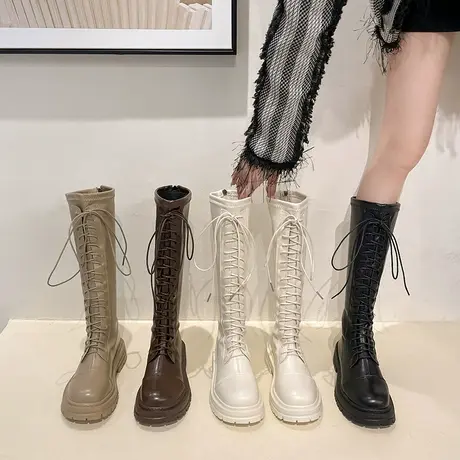 棕色长靴女2024新款厚底弹力显瘦小个子不过膝长筒靴女高筒骑士靴商品大图