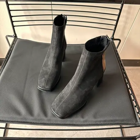 高跟短靴女2024年新款冬季加绒方头粗跟短筒靴黑色绒面弹力瘦瘦靴图片